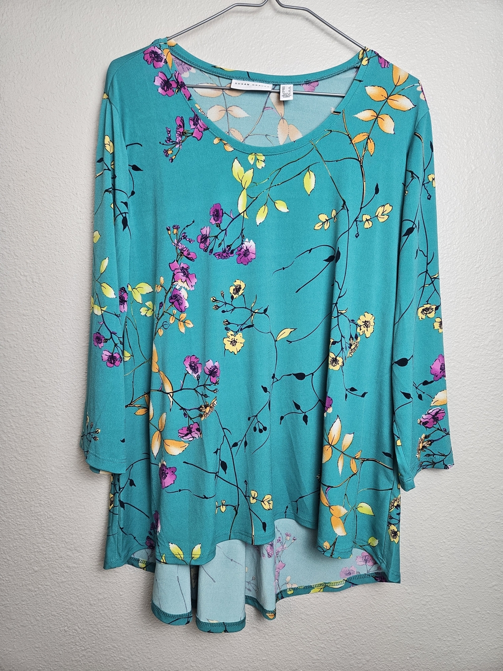 Susan Graver Teal Floral Pull-On Tunic with Purple & Yellow Accents Size L